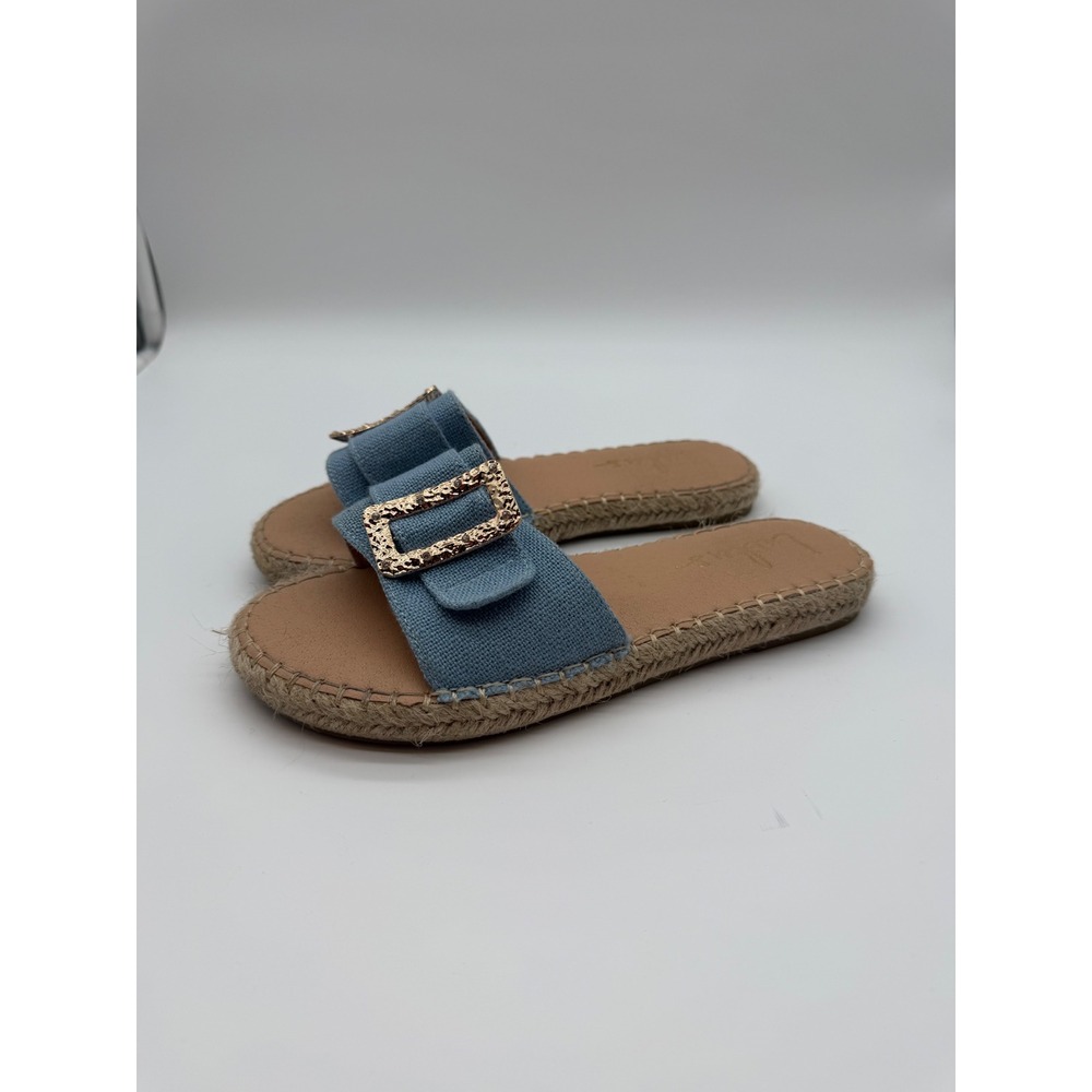 Lulus Denim Blue Espadrille Slide Sandals Gold Buckle Flat Slip On Shoes Size 36